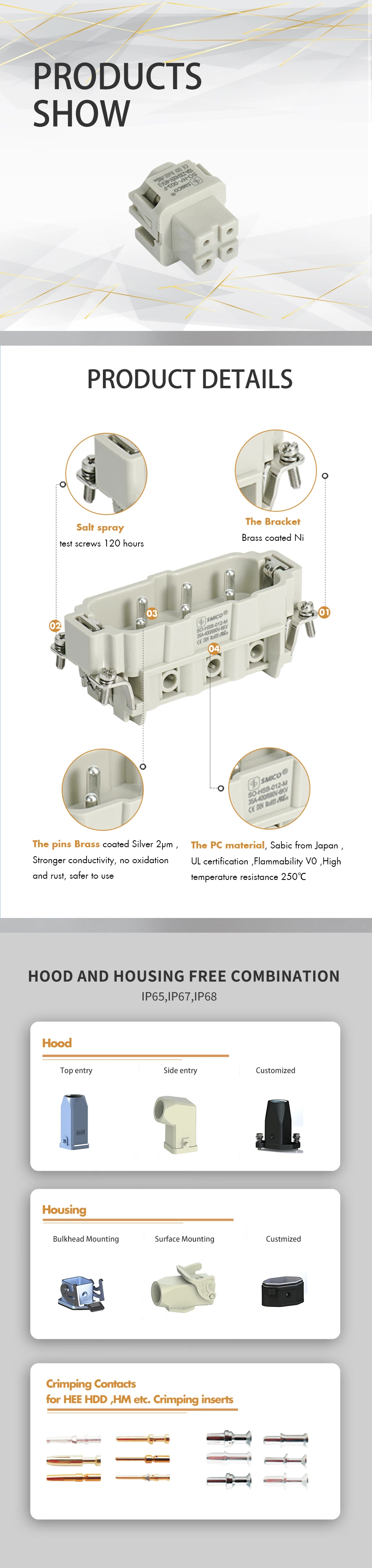 Conector HTS hembra rectangular de 4 pines y 10 A HA-003-F para trabajo pesado