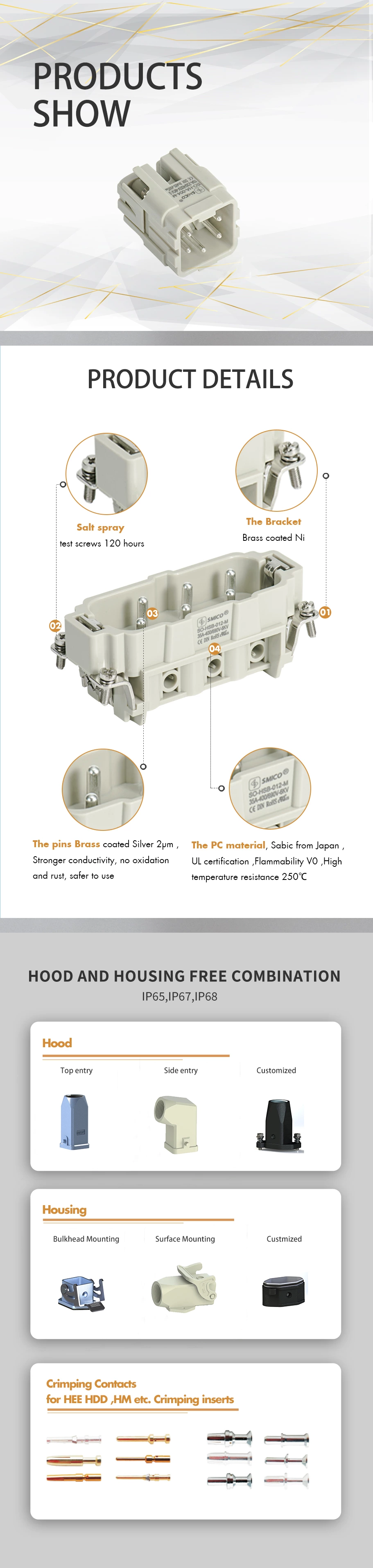 Conector macho rectangular de 4 pines para trabajo pesado - Insertos