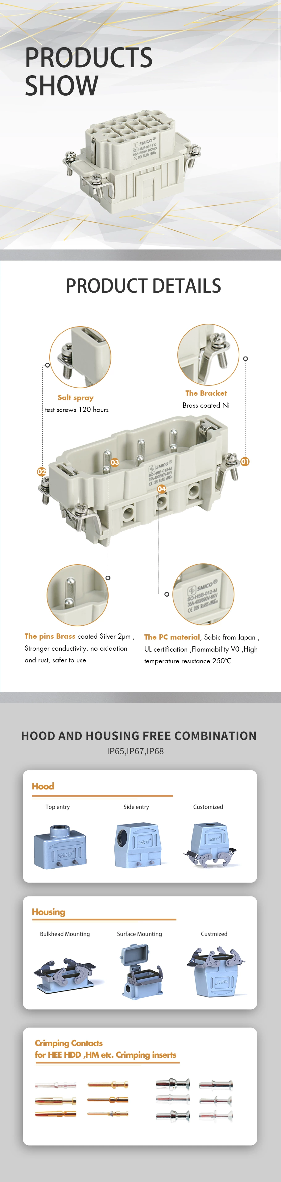 Conector rectangular de alta resistencia HEEE-020-FC de 20 pines, conector de crimpado de 16 A