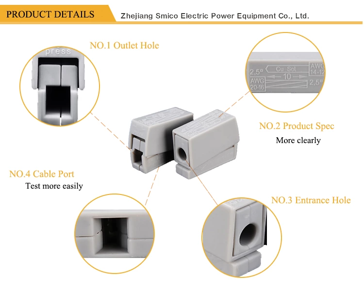 Conector de cable terminal 222-415 Conector compacto Conector de bloque de terminales de 5 palancas 28-12 AWG