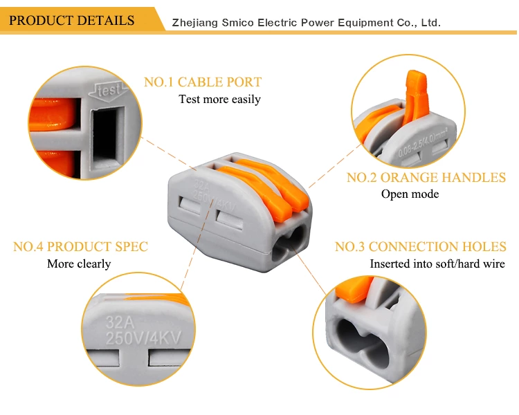 Conector de cable terminal 222-415 Conector compacto Conector de bloque de terminales de 5 palancas 28-12 AWG