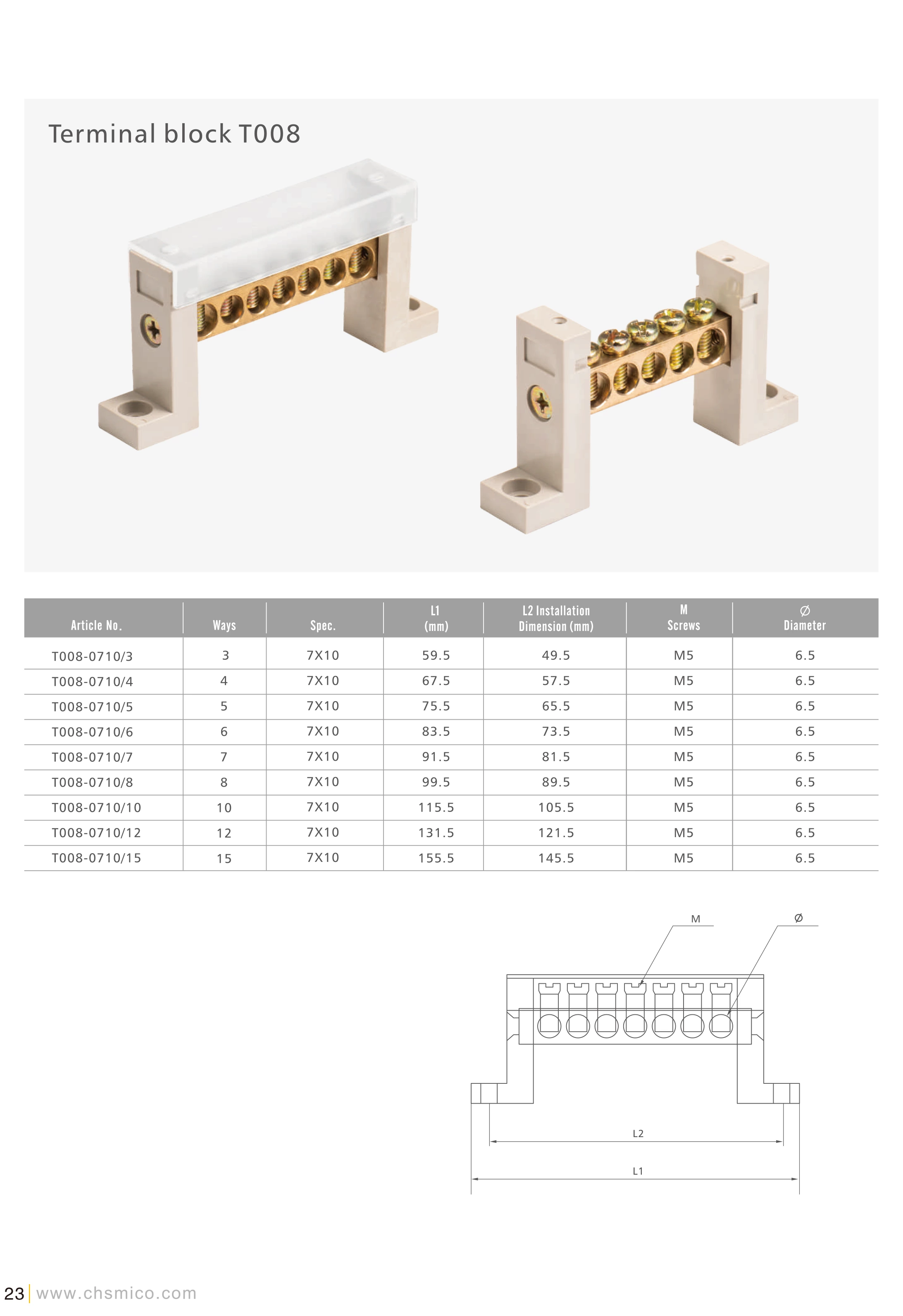 Bloques de terminales de cobre serie T008 Bloque de distribución de tornillo M5 con latón